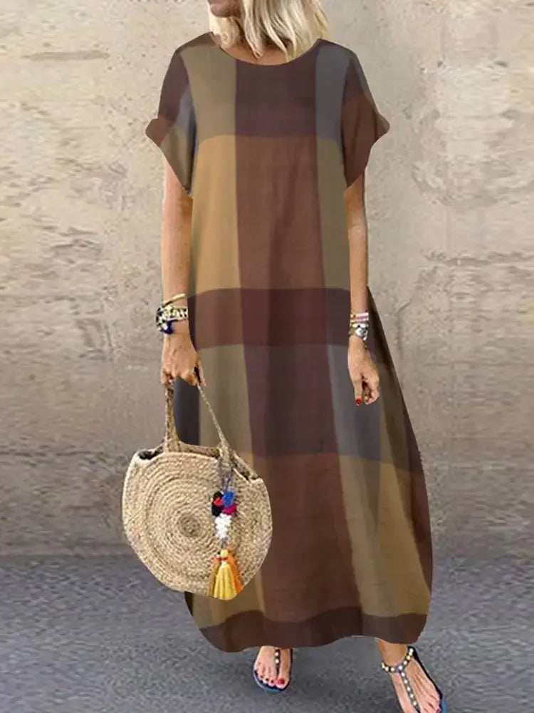 Aveline - Minimalist Block Pattern Flowing Maxi Dress